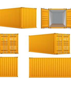 Realistic set of bright yellow  cargo containers.   Front, side back and perspective view.  Open and closed. Delivery, transportation, shipping freight transportation.